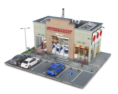 Supermarket building on a piece of ground, 3d illustration clipart