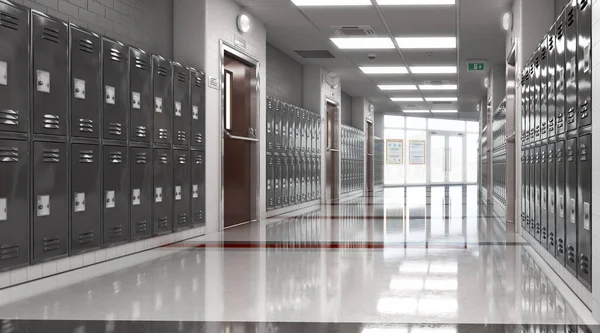 Μακρύς Σχολικός Διάδρομος Μαύρα Ντουλάπια Εικόνα — Φωτογραφία Αρχείου