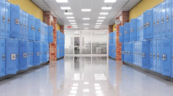 Long school corridor with blue lockers , 3d illustration