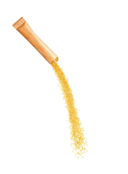 Sugar pours out of packaging on a white background