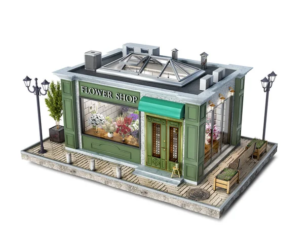 小花店在一块地上有大型橱窗的小花店 3D插图 — 图库照片