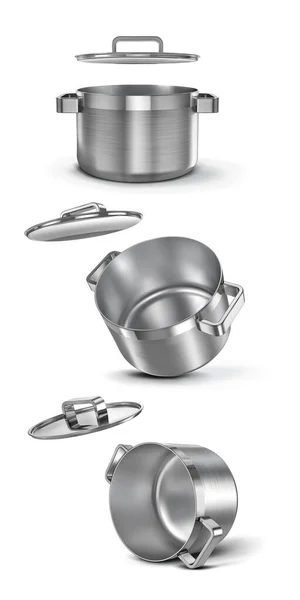 Conjunto Potes Metal Diferentes Com Uma Tampa Pratos Cozinha Vector — Vetor de Stock