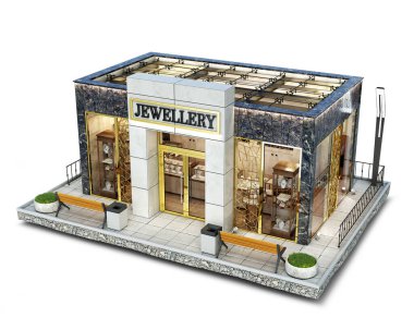 Modern lüks kuyumcu binası bir parça zeminde, 3D resim.