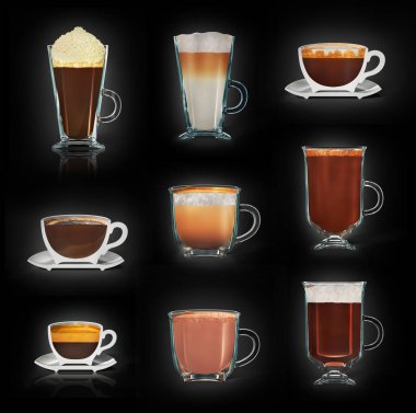 Kahve bardaklarıyla birlikte dikey kesim bardaklar. Espresso, americano, macchiato, glace, irish, latte, cappuccino, çikolata ve kakao. 3d illüstrasyon