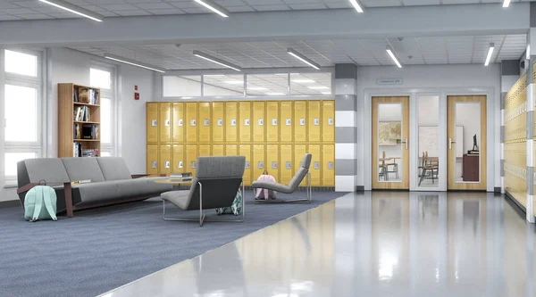带有黄色储物柜和休息区的学校长廊 3D插图 — 图库照片