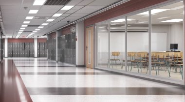 Gri dolaplı uzun okul koridoru, 3D çizimler