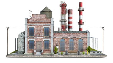 Eski bir fabrika binasının önü. Bir parça zemin üzerinde, 3D resim.