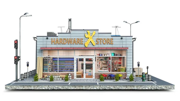 在一块地面上的五金店大楼的正面视图 3D插图 — 图库照片