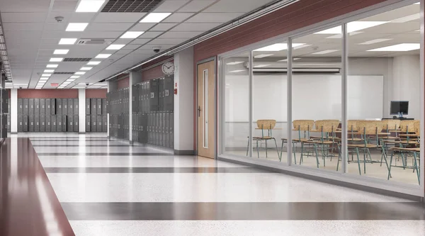 Gri dolaplı uzun okul koridoru, 3D çizimler