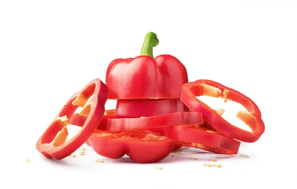 Sweet Red Pepper Sliced Falling Isolated White Background — Stock Photo, Image