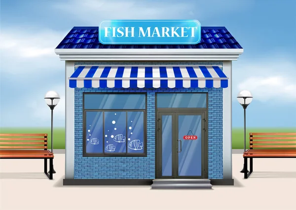 Concepto Mercado Pescado Tienda Con Bancos Lámparas Ilustración Vectorial — Archivo Imágenes Vectoriales