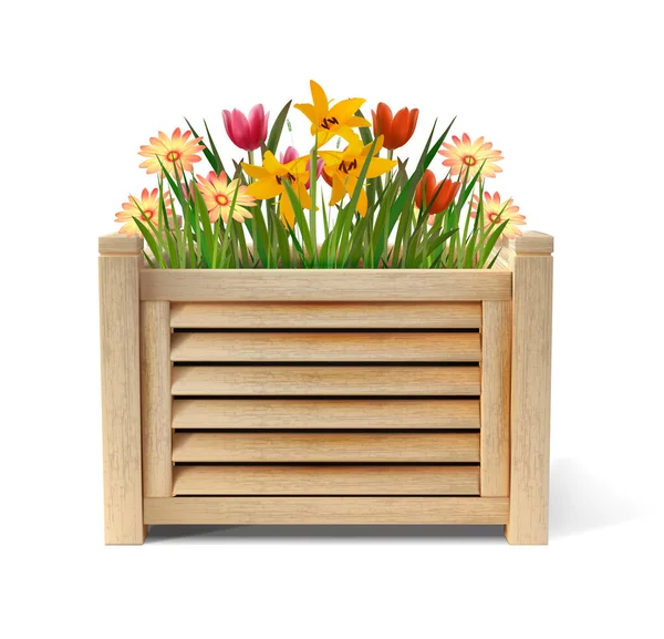 Kwiaty Drewnianym Pudełku Ilustracja Wektora — Wektor stockowy