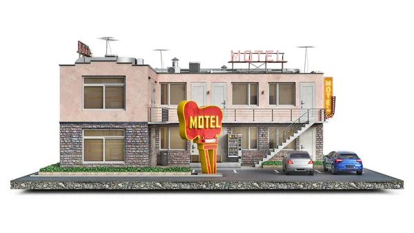 位于一块地面上的路边汽车旅馆前景 3D插图 — 图库照片