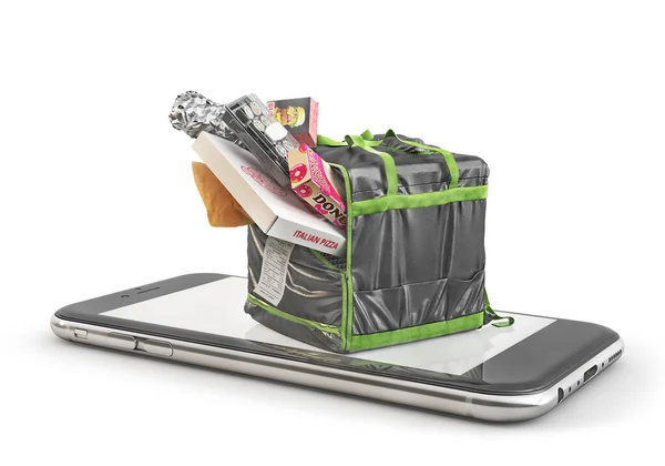 配達の概念 異なる食品と食品の配達のための熱バックパック オンライン注文食品 3Dイラスト — ストック写真