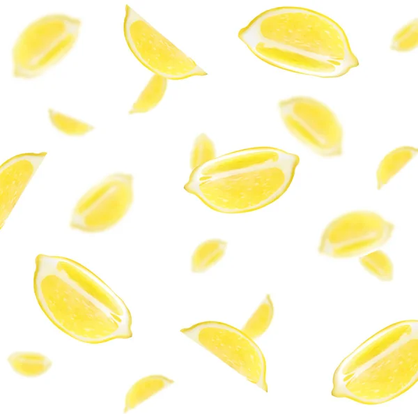 背景にぼやけたレモンのスライスを白い背景ベクトルのイラストで飛んでいます — ストックベクタ