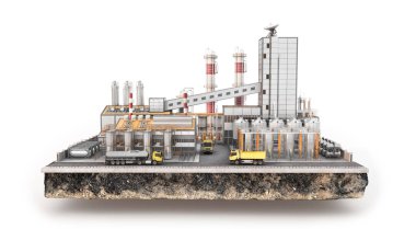 Adadaki fabrika beyaz arka planda izole edilmiş. 3d illüstrasyon
