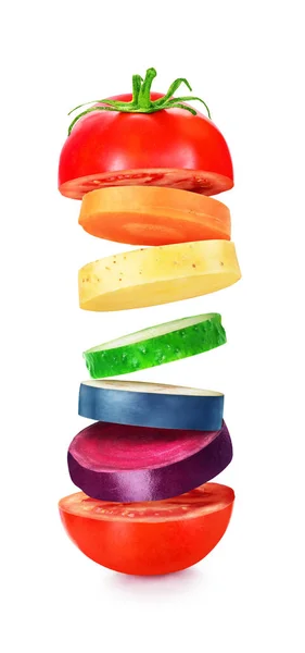 Diversity Concept Mixed Different Vegetable Slices Form Burger Isolated White — Stock Photo, Image
