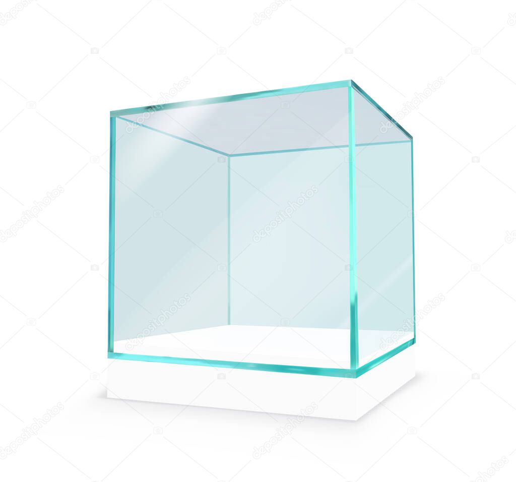 Glass showcase cube on a pedestal bottom view. vector illustration