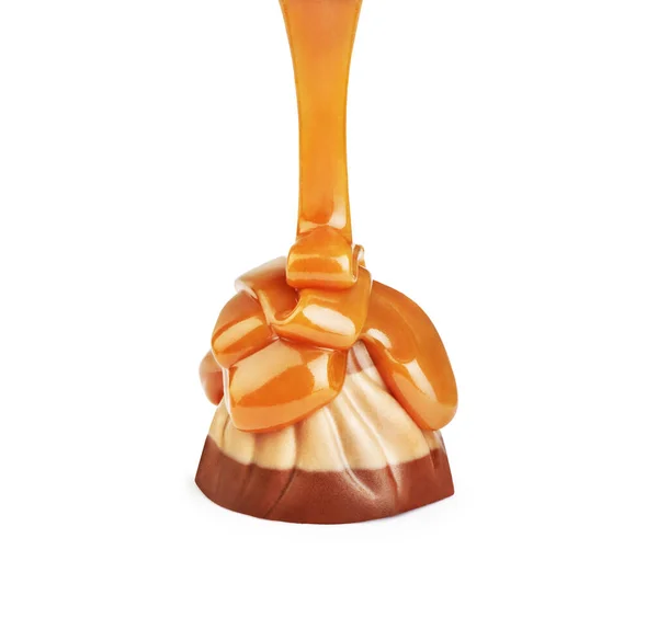 Chocolate Candy Poured Caramel White Background — Stock Photo, Image