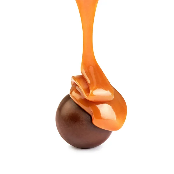 Chocolate Candy Poured Caramel White Background — Stock Photo, Image