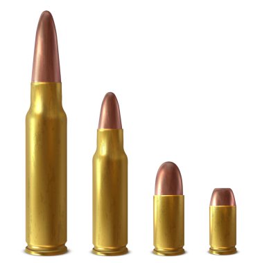 Dört gerçekçi mermi. Beyaz arka planda izole edilmiş. Vektör illüstrasyonu