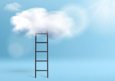 Mavi oda arka planında Bulut yüzen merdiven. Vektör illüstrasyonu