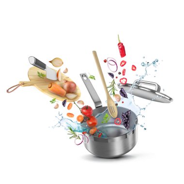 Sebze çorbası, çorba, sebze yahnisi tarifi. 3d gerçekçi vektör bileşimi. Tencereye su sıçrattı ve tahtaya düşen sebzeler doğrandı..