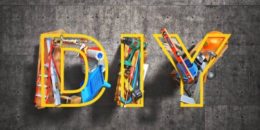 Kendiniz yapın. DIY sözcüğü biçiminde inşaat araçları. 3d illüstrasyon