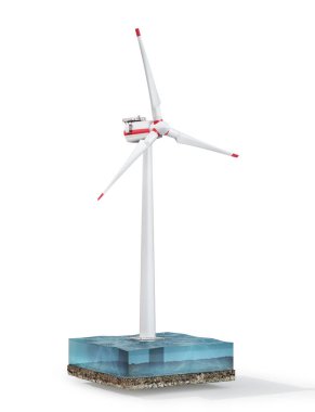 Beyaz bir arka planda rüzgar istasyonuyla deniz huzuru 3 boyutlu illüstrasyon