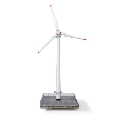 Beyaz arka planda, adada rüzgar türbini var. 3D illüstrasyon