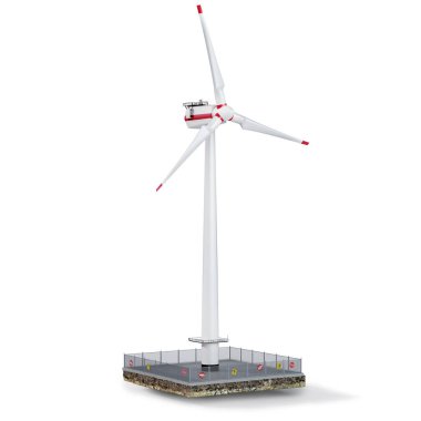 Beyaz arka planda, adada rüzgar türbini var. 3D illüstrasyon