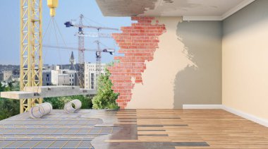 Üç boyutlu boş oda ve katmanlı duvarlar. İnşaatın yarısında 3D illüstrasyon var