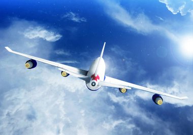 Seyahat konsepti. Bulutlara uçan ticari uçak. 3d illüstrasyon