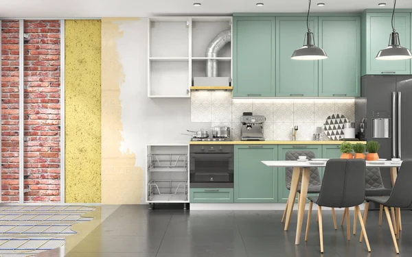 3d render of kitchen in construction process with layered scheme of walls and floor 3d illustration