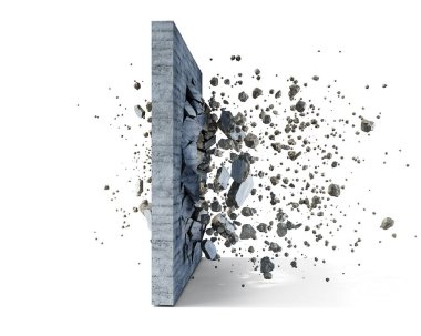 Beyaz arka plandaki beton duvar parçalara ayrılıyor, üç boyutlu illüstrasyon