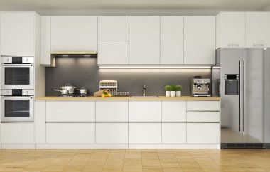 Modern tarzda 3D resimlendirilmiş 3D mutfak.