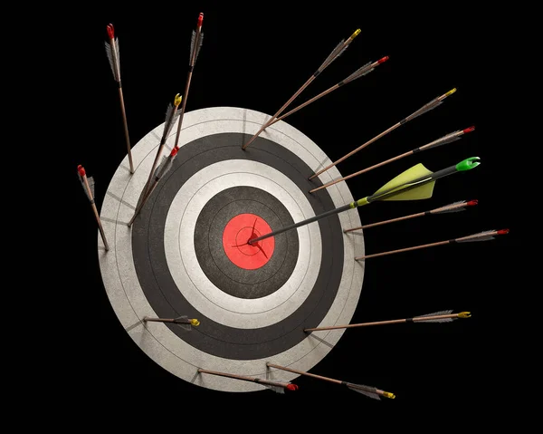 Archery concept on a black background, miss hit of many wooden arrows and the only one carbon arrow hit right the target, 3d illustration