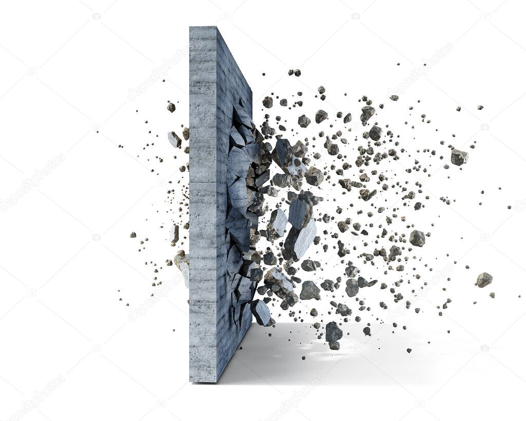 Concrete wall on a white background shatters into the pieces, 3d illustration