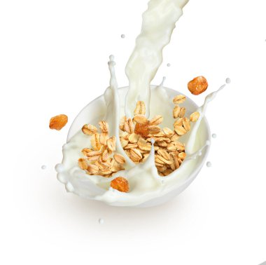 Beyaz arka planda sütle yulaf ezmesi