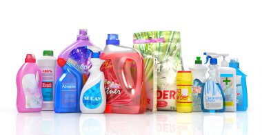 Different detergent bottles on a white background. 3d illustration