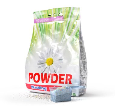Washing powder in the measuring cup and package. 3d illustration