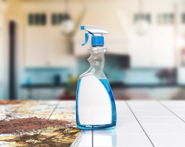Detergent bottle on the half clean floor. 3d illustration