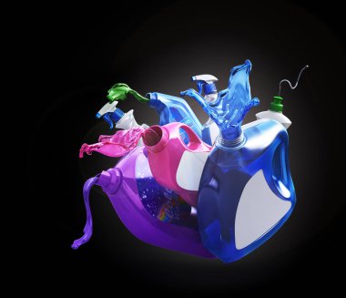 Different bottles with pouring detergent on a black background. 3d illustration