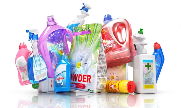 Different Detergent Bottles White Background Illustration — Stock Photo, Image