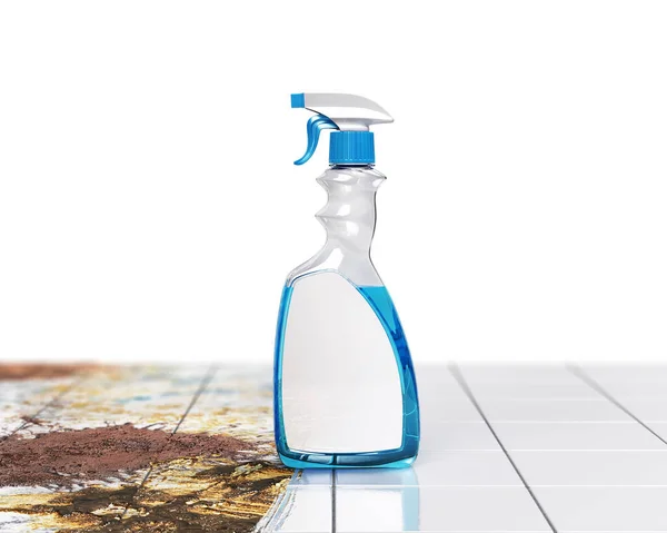 洗涤剂瓶子放在半干净的地板上 3D说明 — 图库照片
