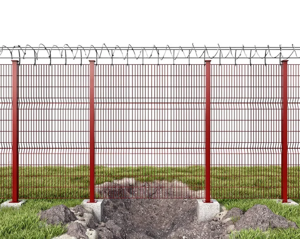 Hole Dug Grating Fence Barbed Wire Front View Escape Concept — Stock Photo, Image