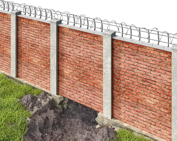 Hole Dug Red Brickwall Fence Barbed Wire Escape Concept Illustration — Stock Photo, Image