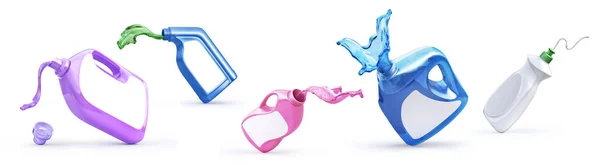 白い背景に洗剤を注ぐ異なるボトル 3Dイラスト — ストック写真