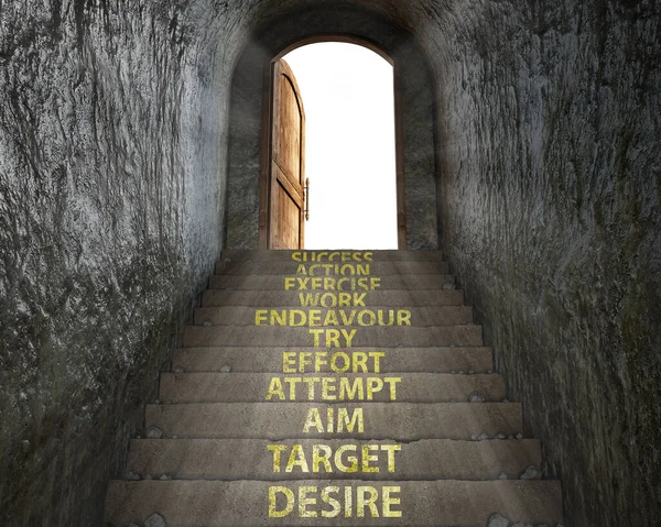 A light in the end of the tunnel and stairs with motivational signs, 3d illustration