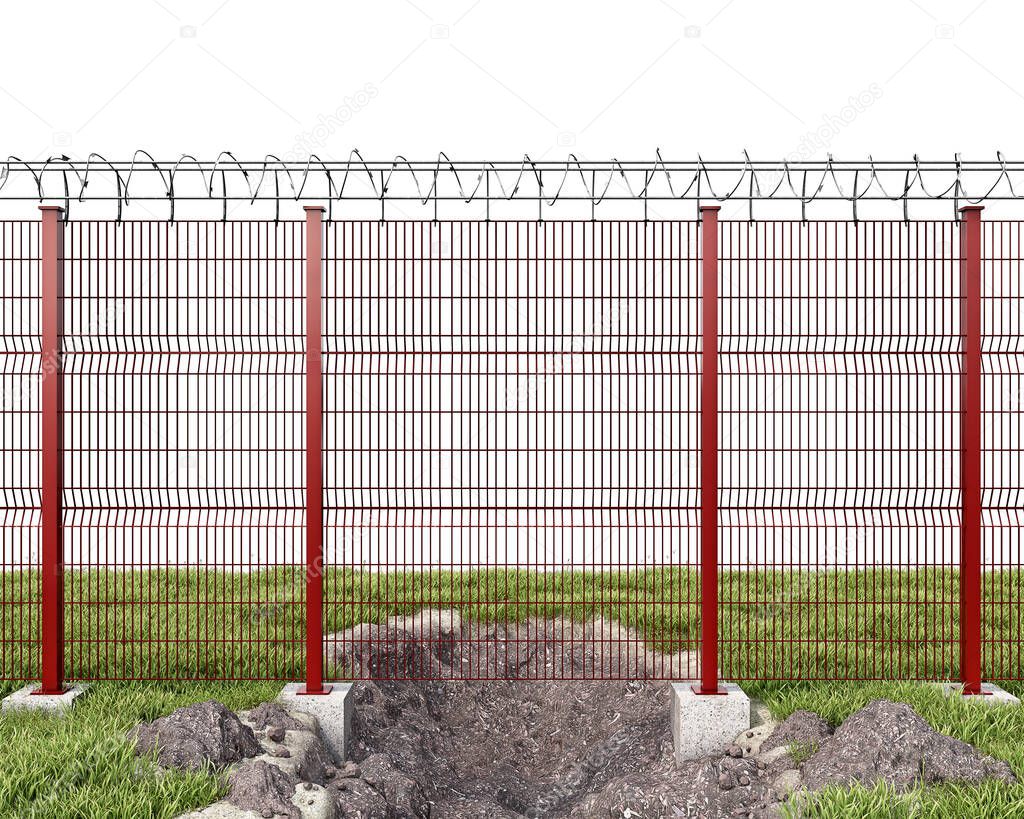 A hole dug up under the grating fence with barbed wire, front view, escape concept, 3d illustration